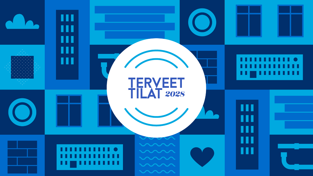 Terveet tilat 2028 -ohjelman logo sinikuvioisen taustan päällä.